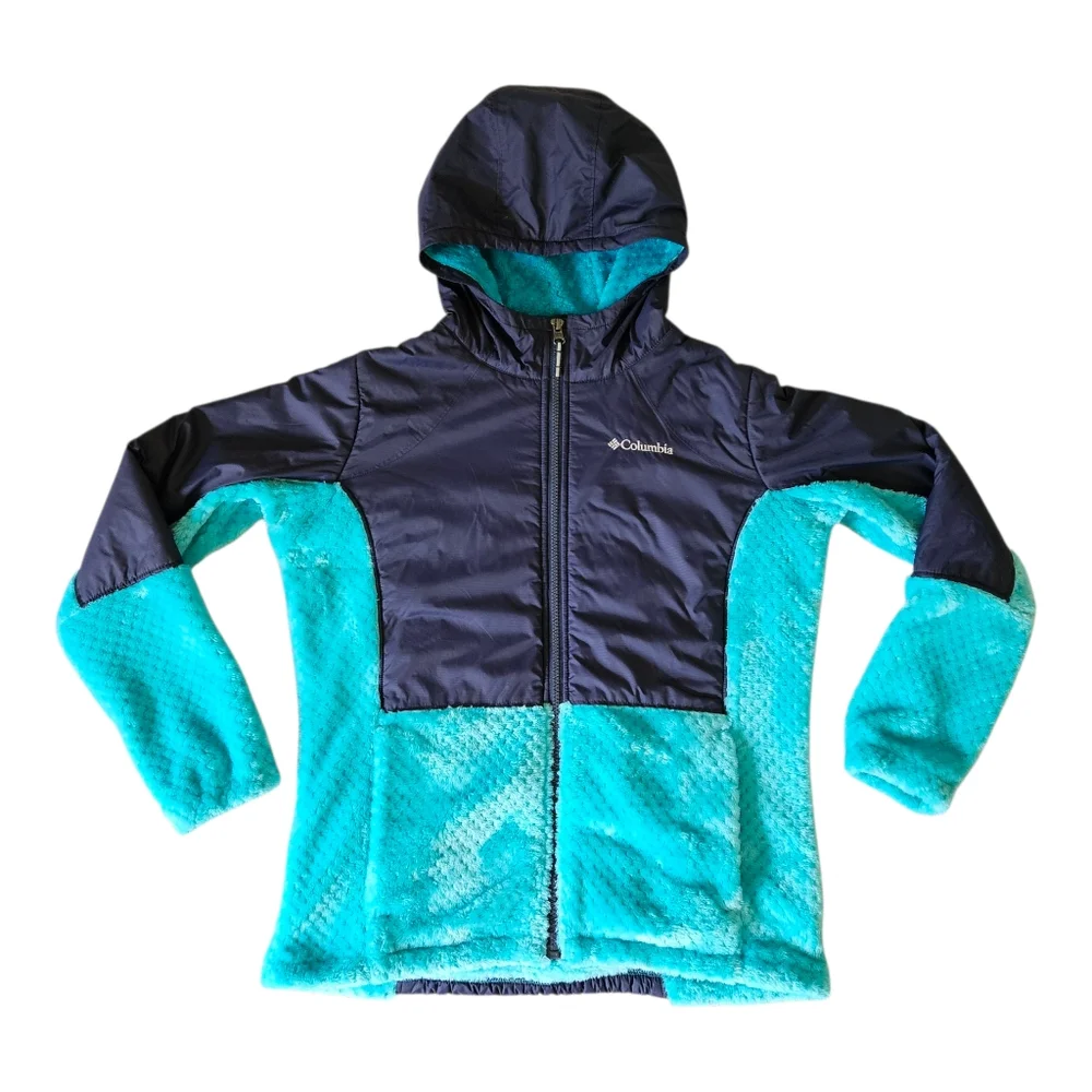 Columbia Girls Full Zip Sherpa Jacket Hooded Size XL 18/20 Blue Aqua